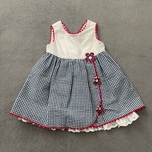 Bonnie Baby Navy Blue Gingham & White Eyelet Dress with Pink Trim
